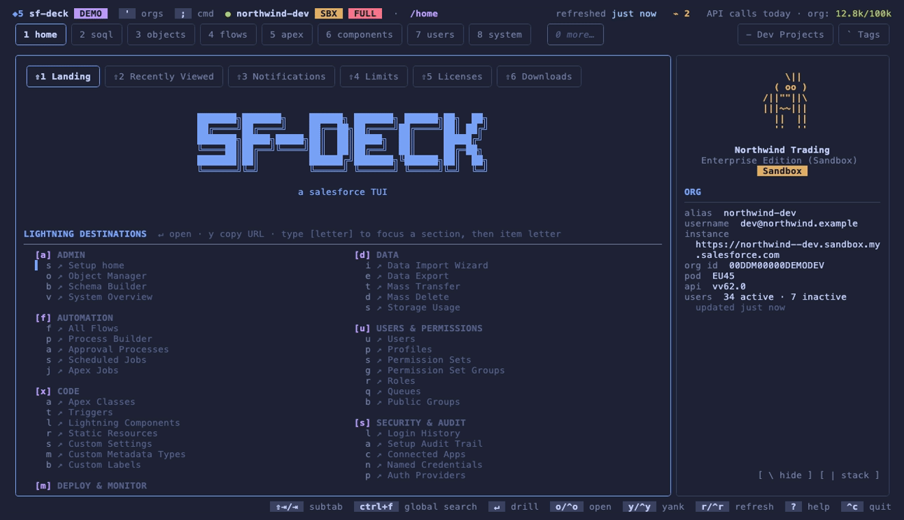 Using sf-deck global search to find Shipment-related metadata and open Shipment__c in the fictional Northwind demo.